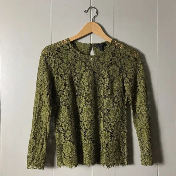 J CREW OLIVE GREEN SHEER FLORAL LACE LONG SLEEVE BLOUSE KEYHOLE WOMENS SIZE 00 - Picture 7 of 7